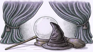 A wizard's wand rests beside a broomstick with a pointed hat and a crystal ball nearby.