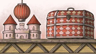 A castle silhouette rises above a hanging lantern and a wooden trunk on a toy shelf.