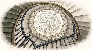 A grand staircase in an abandoned mansion shrouded in shadows and dust.