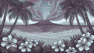 Hibiscus flowers and coconuts on a tropical beach with an active volcano.
