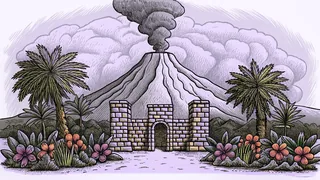 A volcanic landscape adorned with tropical blossoms evokes Hawaiian sacred spiritual places.