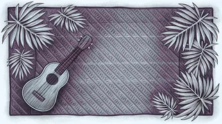A ukulele resting beside a woven pandanus mat.