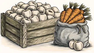 A wooden crate heaped with apples beside a burlap sack packed with carrots, two loose apples in front.