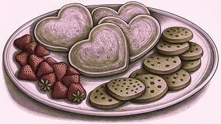 Heart-shaped treats including pancakes and chocolates surround fresh red strawberries.