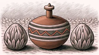A painted wooden spinning top standing between two walnuts, with more behind.