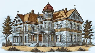 A Victorian house perches on Mount Helena with gold panning tools nearby.