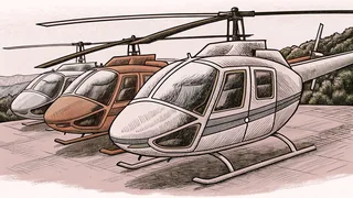 Three helicopters with colorful rotor blades are parked on a mountain helipad with a valley below.