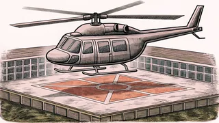 A helicopter with spinning rotor blades hovers above a landing pad, cockpit visible.