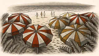 A sunny beach scene with people swimming, colorful umbrellas, and refreshment stands.