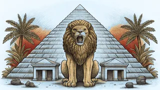 A roaring lion beneath a pyramid-shaped resort with desert fire.