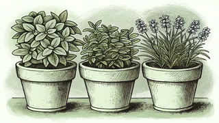 Aromatic herb plants in terra-cotta pots on a sunny windowsill ready to harvest.