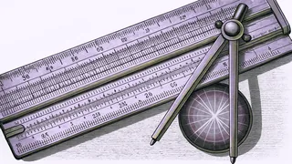 A slide rule and drafting compass rest beside a space capsule tracing a glowing orbital arc.