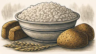 Starch-rich staples including rice, pasta, and bread exemplify carbohydrate-based cuisine.