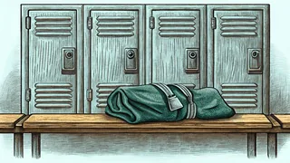 A row of lockers with dial hardware, beside a drawstring gym bag on a wooden bench.