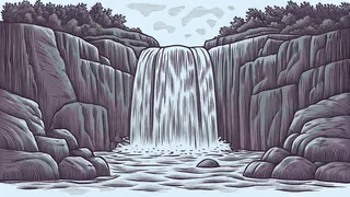A majestic waterfall thundering down steep rocky cliffs into a misty basin.