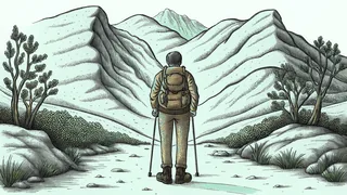 A hiker on a mountain trail with distant peaks and valleys visible behind.