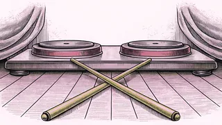 A turntable tonearm resting above a record, beside a pair of drumsticks on a scuffed floor.