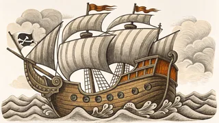 A sailing ship with a pirate flag battling through choppy ocean waters.
