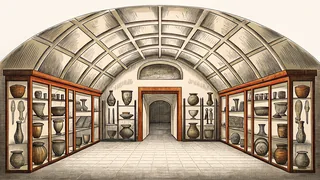 Clay vessels and bronze tools rest in glass cases under warm lamplight in an archive room.