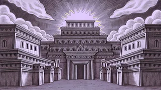 Ancient stone temples stand beneath a golden sunrise on a rocky plateau.