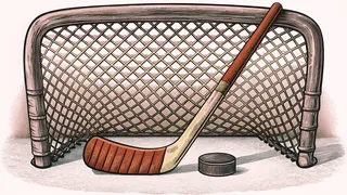 A hockey stick holds a black puck on clear ice beside a white goalie net.