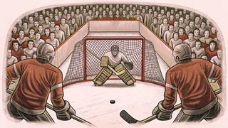 A hockey rink with goalie and players in fast-paced action.