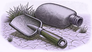 A digging shovel with a long handle lying beside a capped jug on cracked dry earth.