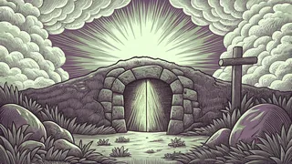 Radiant light pours from an empty tomb as darkness gives way to Easter dawn.