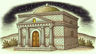 Candlelit illumination spills from an ancient stone tomb under night stars.