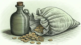 Spilled coins and an oil vessel glow with candles, symbolizing betrayal and anointing.