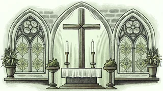 A wooden cross stands in a church window casting shadows on stone walls.