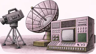 A satellite dish and studio camera rest beside a control-room console in a studio.