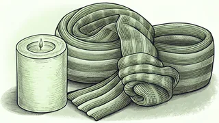 A lit pillar candle beside knitted scarf material, coiled into a ring and tied in a knot.