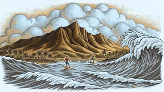 Surfers paddle at Waikiki Beach with Diamond Head mountain towering above.