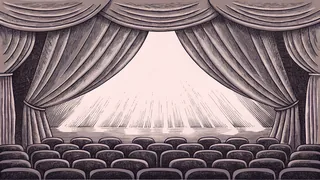 Dramatic theatrical spotlights create long shadows across vintage cinema seats and folded velvet stage drapes.