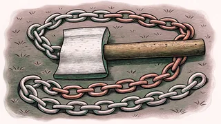A rusted axe with a wooden handle lying on grass, encircled by a length of heavy chain.