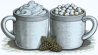 Steaming hot chocolate topped with marshmallows and whipped cream fills ceramic mugs.