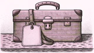 A small hard-shell suitcase with a strap and a plain luggage tag, on a stone counter.