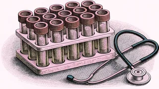 Laboratory glassware and a stethoscope are arranged on a medical workbench.