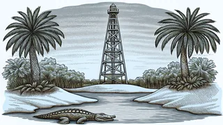 A murky bayou landscape with an oil pump and tropical vegetation.