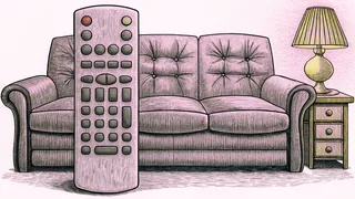 A remote control rests on a sofa beside a side table with a lamp in a living room.