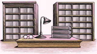 A leather office chair faces a mahogany desk with a brass reading lamp.