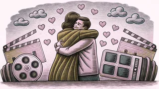 Two figures embrace tenderly as hearts and XOXO symbols float around them.