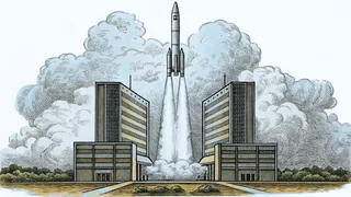 A rocket blasts off into the sky from a modern aerospace launch facility