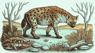 A spotted hyena prowls beside scattered bones under a moonlit African savanna sky.