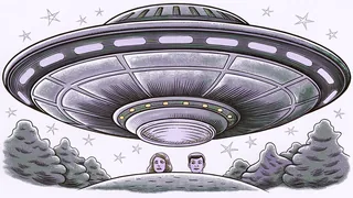 A gleaming spacecraft hovers above a distant planet among stars.