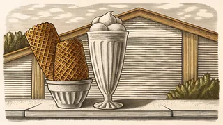 Stacked scoops of ice cream in a waffle cone next to a tall sundae glass, in warm amber orange.