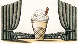Ice cream cone topped with sprinkles next to a scoop and wafer