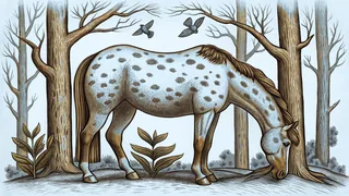 An Appaloosa horse under towering white pine trees with singing bluebirds.