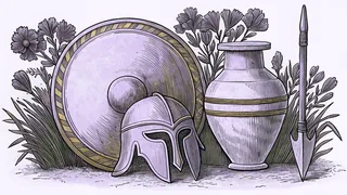 A bronze helmet, round shield and spear leaning against an amphora.